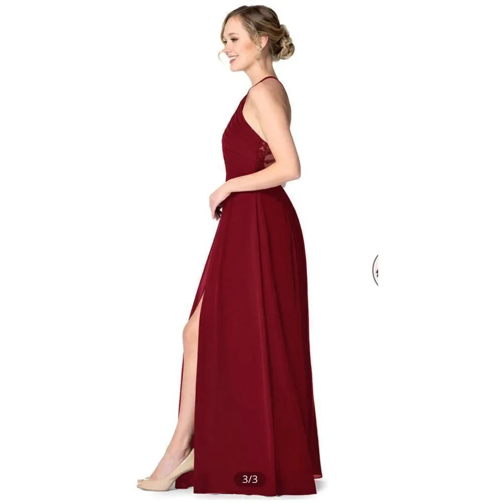 NWT Azazie Burgundy Bonnie Allure Halter Bridesmaid Dress Size 14 - Picture 7 of 16